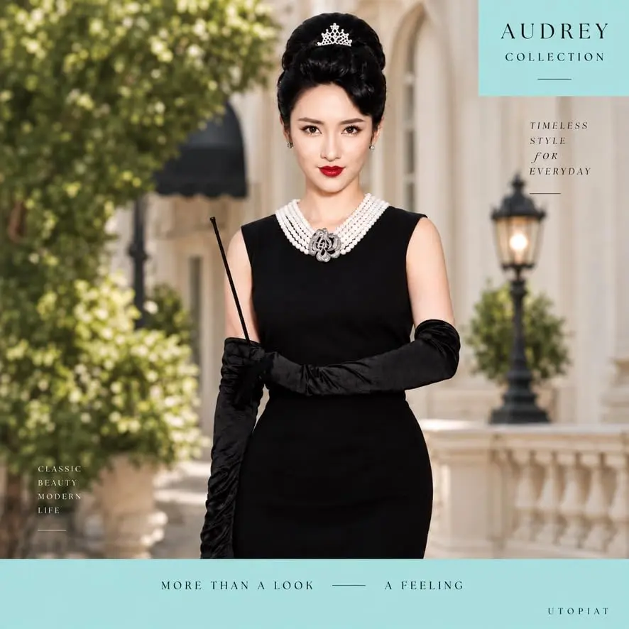 Utopiat Audrey-Inspired 5 Piece Costume Jewelry Set with Pearl Necklace, Tiara, Gloves & Holder | Vintage Hollywood Glamour - view 3