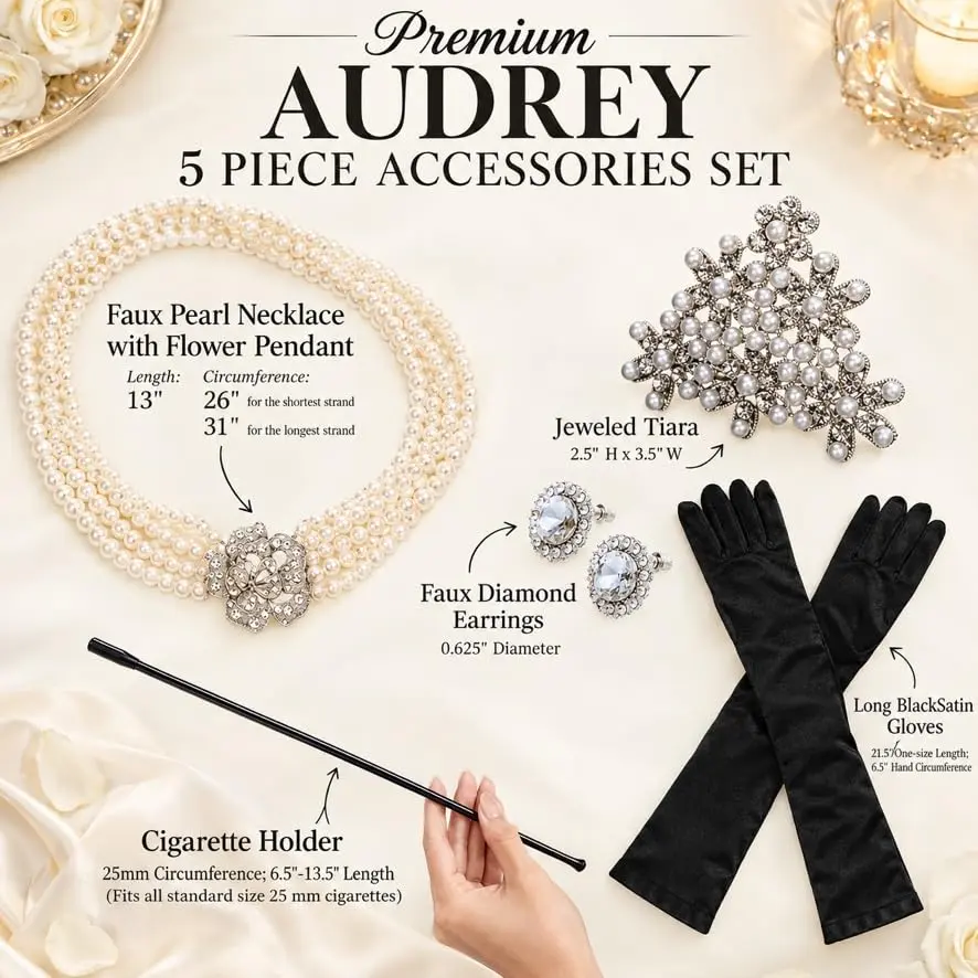 Utopiat Audrey-Inspired 5 Piece Costume Jewelry Set with Pearl Necklace, Tiara, Gloves & Holder | Vintage Hollywood Glamour - view 5