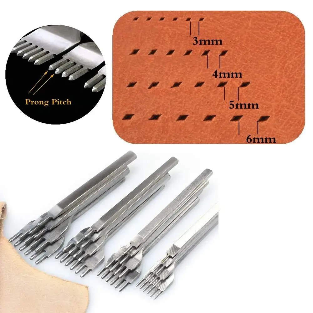 Aiskaer Leather Stitching Punch Set Diamond Chisel Tools 6mm White Steel 1/2/4/6 Prong | 100mm Length, 120g - view 5