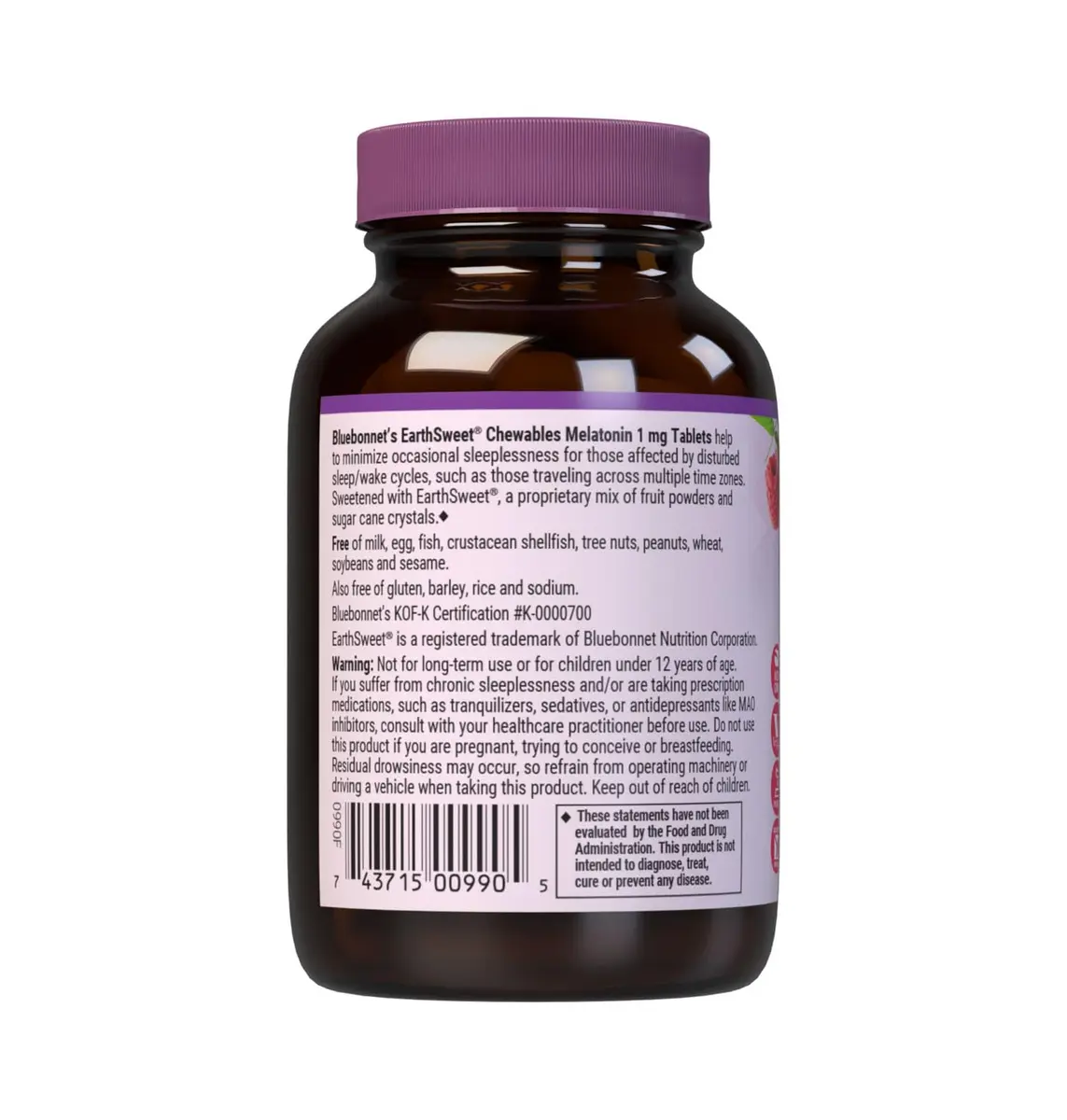 Bluebonnet EarthSweet Melatonin 1mg Chewable Tablets Raspberry 60 Count | Supports Restful Sleep - view 7