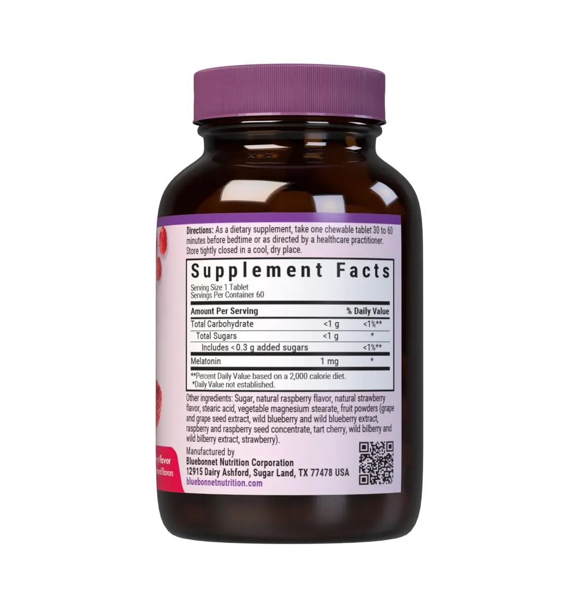 Bluebonnet EarthSweet Melatonin 1mg Chewable Tablets Raspberry 60 Count | Supports Restful Sleep - view 2