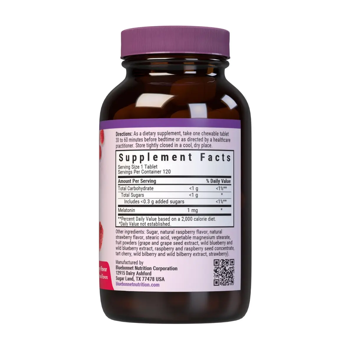 Bluebonnet Melatonin 1mg Raspberry Chewable Tablets 120 Count | Supports Restful Sleep - view 2