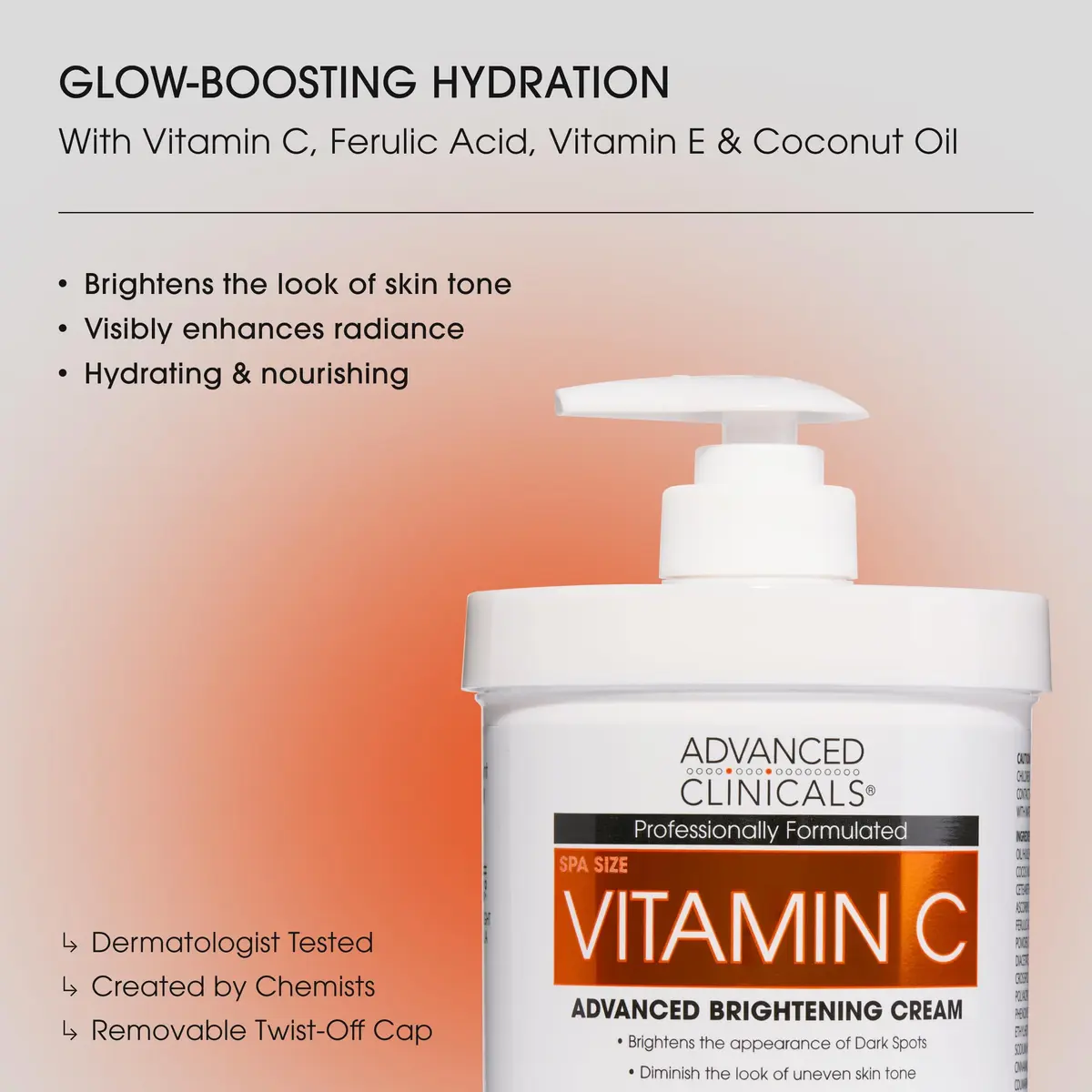 Advanced Clinicals Vitamin C Brightening Body Cream 473ml (16oz) | Visibly Illuminates for Radiant Skin - view 2