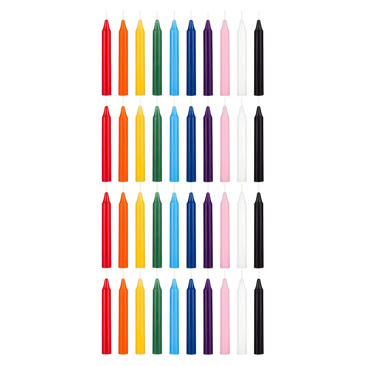 Mega Candles Mini Taper Spell Candles 40 Count | Unscented, Clean Burning, 4" x 1/2" Assorted Colors - main product image