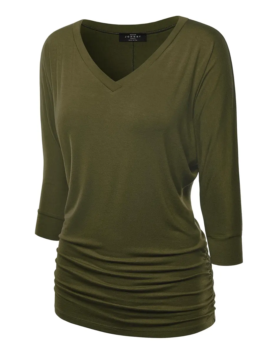Made By Johnny Womens V Neck 3/4 Sleeve Dolman Top with Side Shirring XXL Olive | Casual Lightweight Rayon Blend - main product image