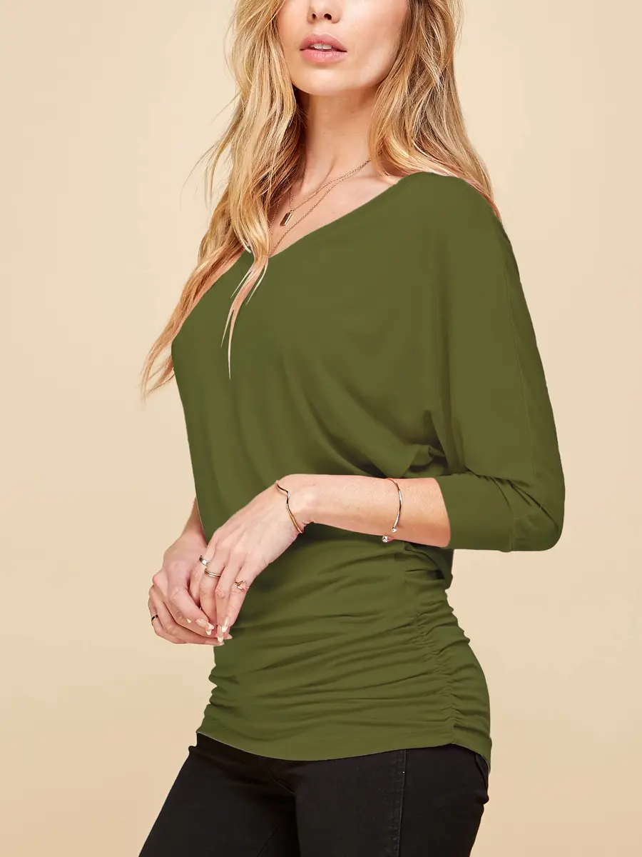 Made By Johnny Womens V Neck 3/4 Sleeve Dolman Top with Side Shirring XXL Olive | Casual Lightweight Rayon Blend - view 5