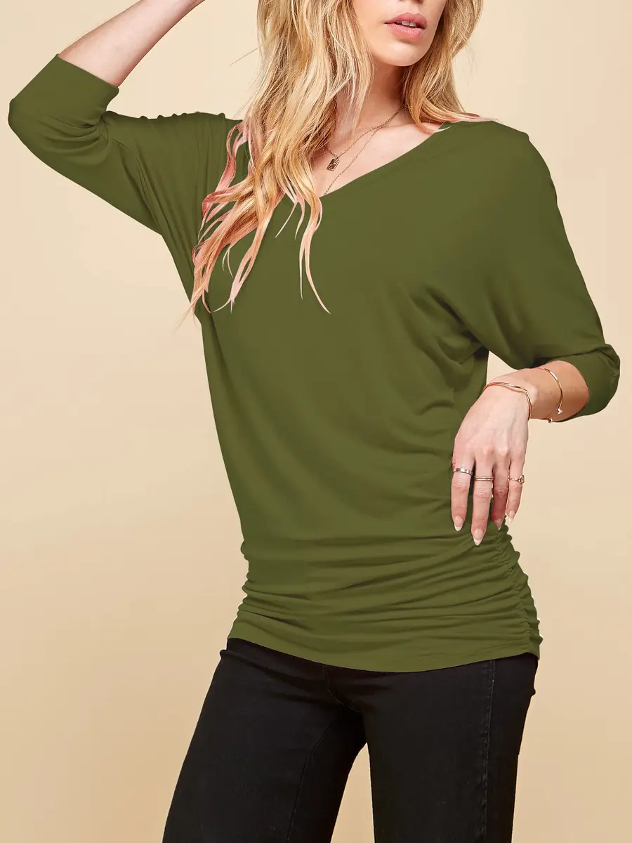 Made By Johnny Womens V Neck 3/4 Sleeve Dolman Top with Side Shirring XXL Olive | Casual Lightweight Rayon Blend - view 2