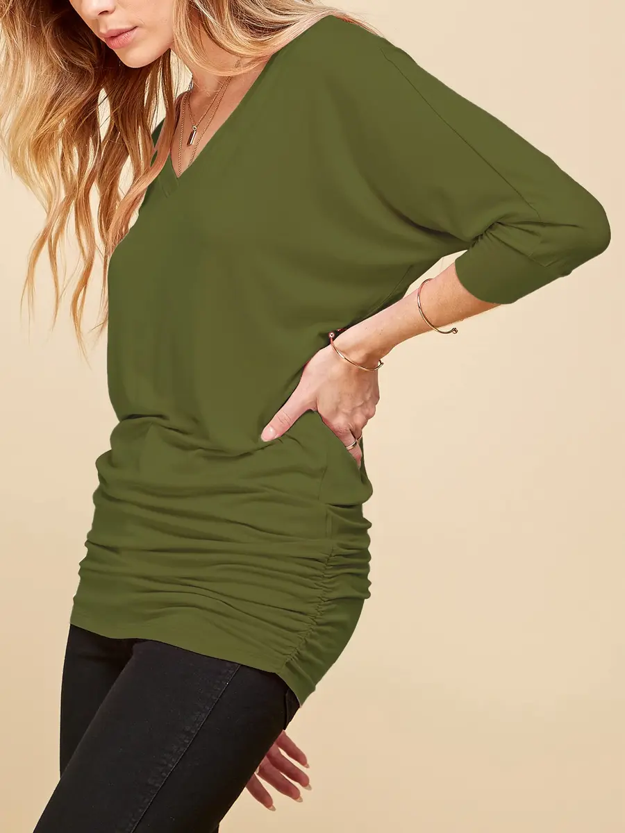 Made By Johnny Womens V Neck 3/4 Sleeve Dolman Top with Side Shirring XXL Olive | Casual Lightweight Rayon Blend - view 3