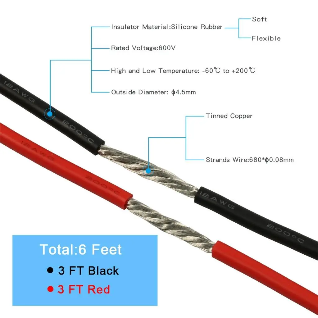 BNTECHGO 12 AWG Silicone Wire Red/Black 6 ft (1.83m) | High Temp 600V Stranded Copper Cable - view 3