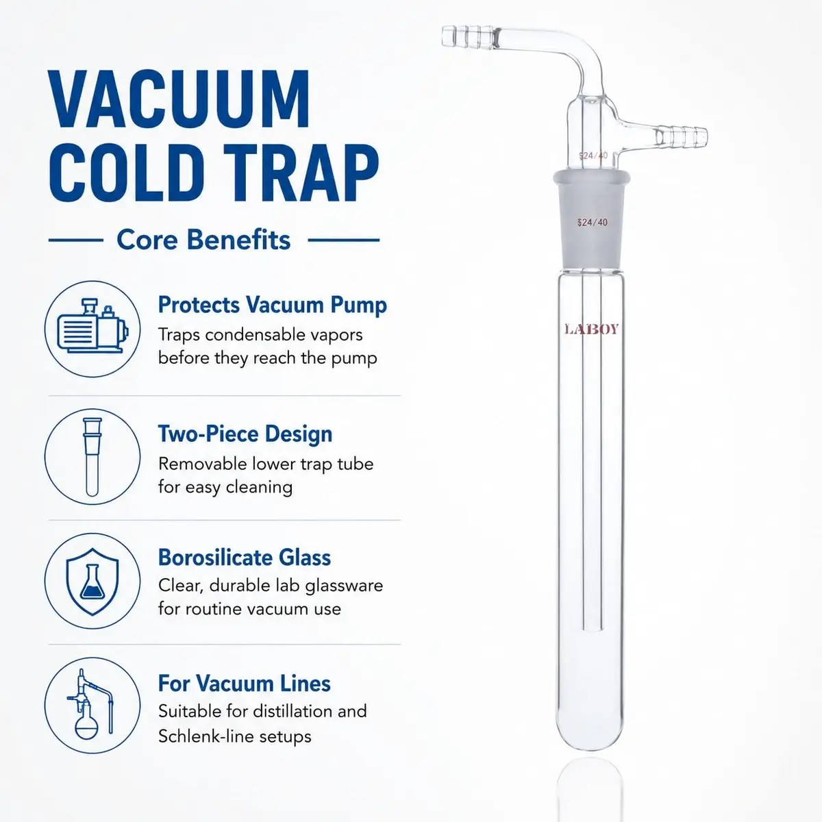 Laboy Two-Piece Vacuum Cold Trap 24/40 Joint 200mm | Borosilicate Glass, 10mm Barbs - view 2