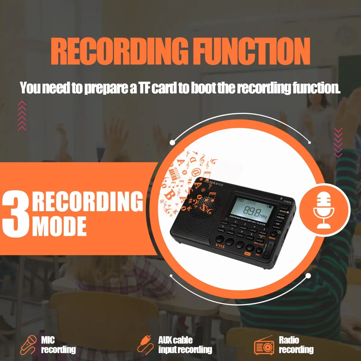 Retekess V115 Shortwave Radio, AM FM Digital Receiver with MP3 Player & Recorder | 1000mAh Rechargeable Battery, 100 Presets, Bass Speaker - view 5