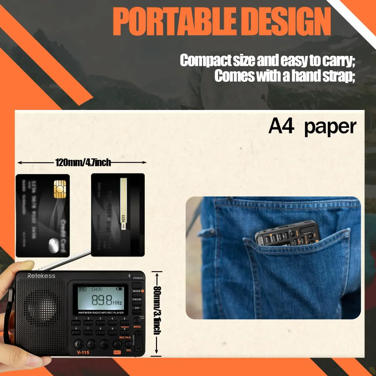 Retekess V115 Shortwave Radio, AM FM Digital Receiver with MP3 Player & Recorder | 1000mAh Rechargeable Battery, 100 Presets, Bass Speaker - view 2