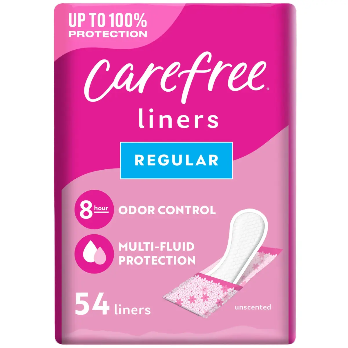 Carefree Panty Liners for Women, Regular, Wrapped, Unscented, 54 ct | Hypoallergenic & Fragrance-Free for Daily Comfort - main product image