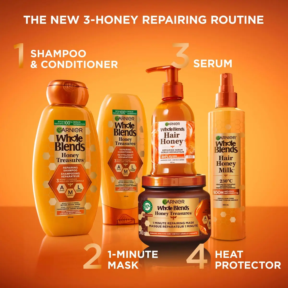 Garnier Whole Blends Honey Treasures Repairing Conditioner for Damaged Hair 650ml (22 fl oz) | Strengthens & Prevents Split Ends - view 5