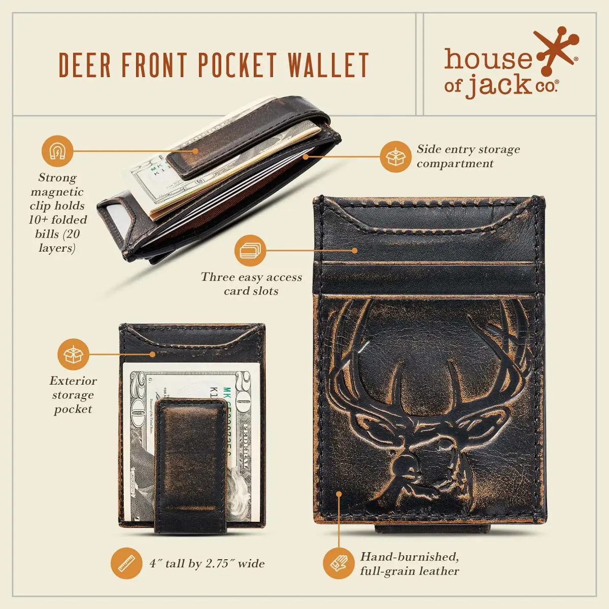 House of Jack Co. Deer Magnetic Money Clip Wallet 2.75" L x 4" H | Full Grain Leather, Slim Front Pocket Carry - view 4