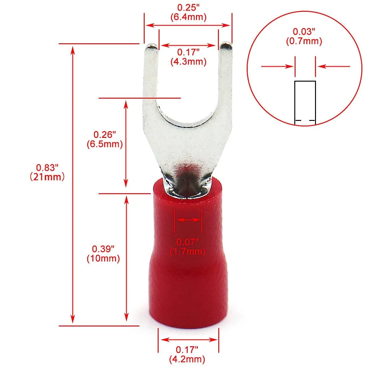 Baomain Red Fork Spade Insulated Terminal Connectors 4.3mm #8 Stud 22-16 AWG (100-Pack) | Secure Crimp Connection for Electrical Wiring - view 2