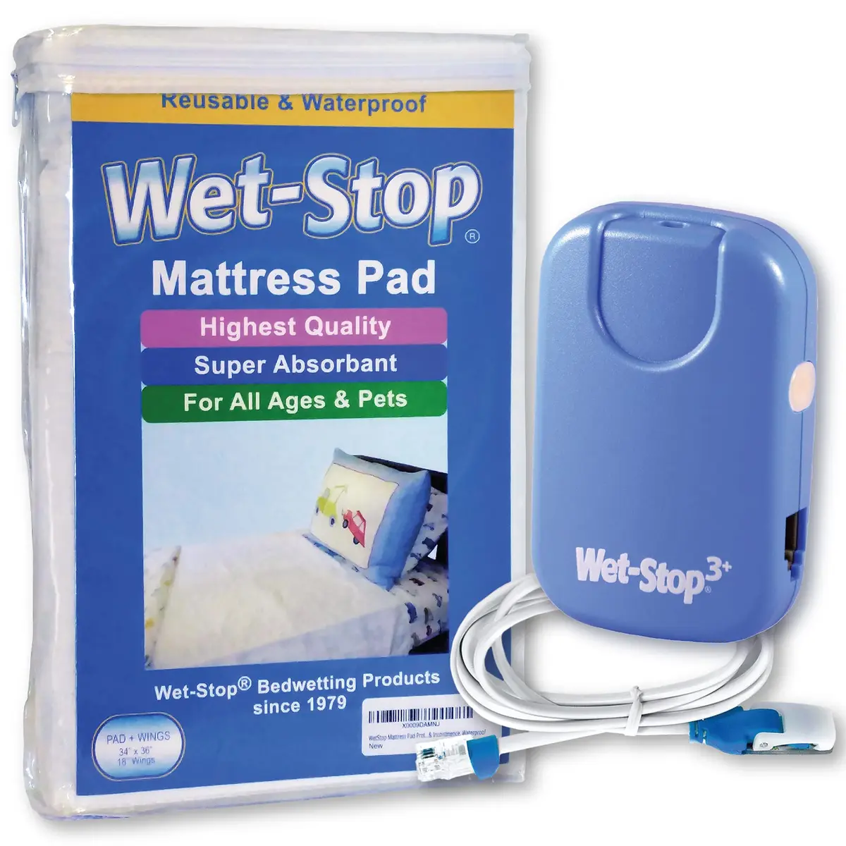 Wet-Stop3 Kit Bedwetting Alarm with Waterproof Bed Pad | Clinically Proven, Pediatric Designed, 6 Alarm Tones, Vibration, Waterproof Mattress Cover, 34" x 36" - main product image