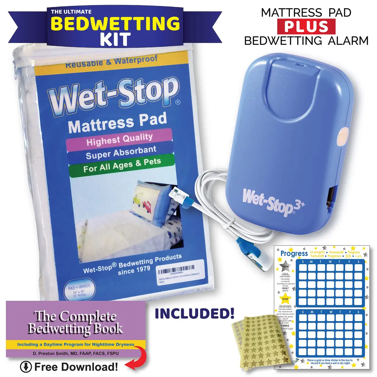 Wet-Stop3 Kit Bedwetting Alarm with Waterproof Bed Pad | Clinically Proven, Pediatric Designed, 6 Alarm Tones, Vibration, Waterproof Mattress Cover, 34" x 36" - view 2
