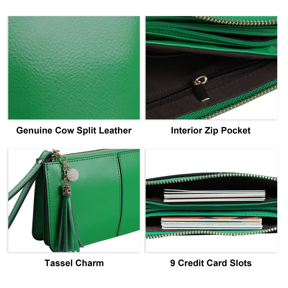 befen Genuine Leather Wristlet Clutch for Women Ultra-Slim Ladies Credit Card Holder Wallet Purses with RFID Protection (Kelly Green, 20.6cm x 11cm) - view 7
