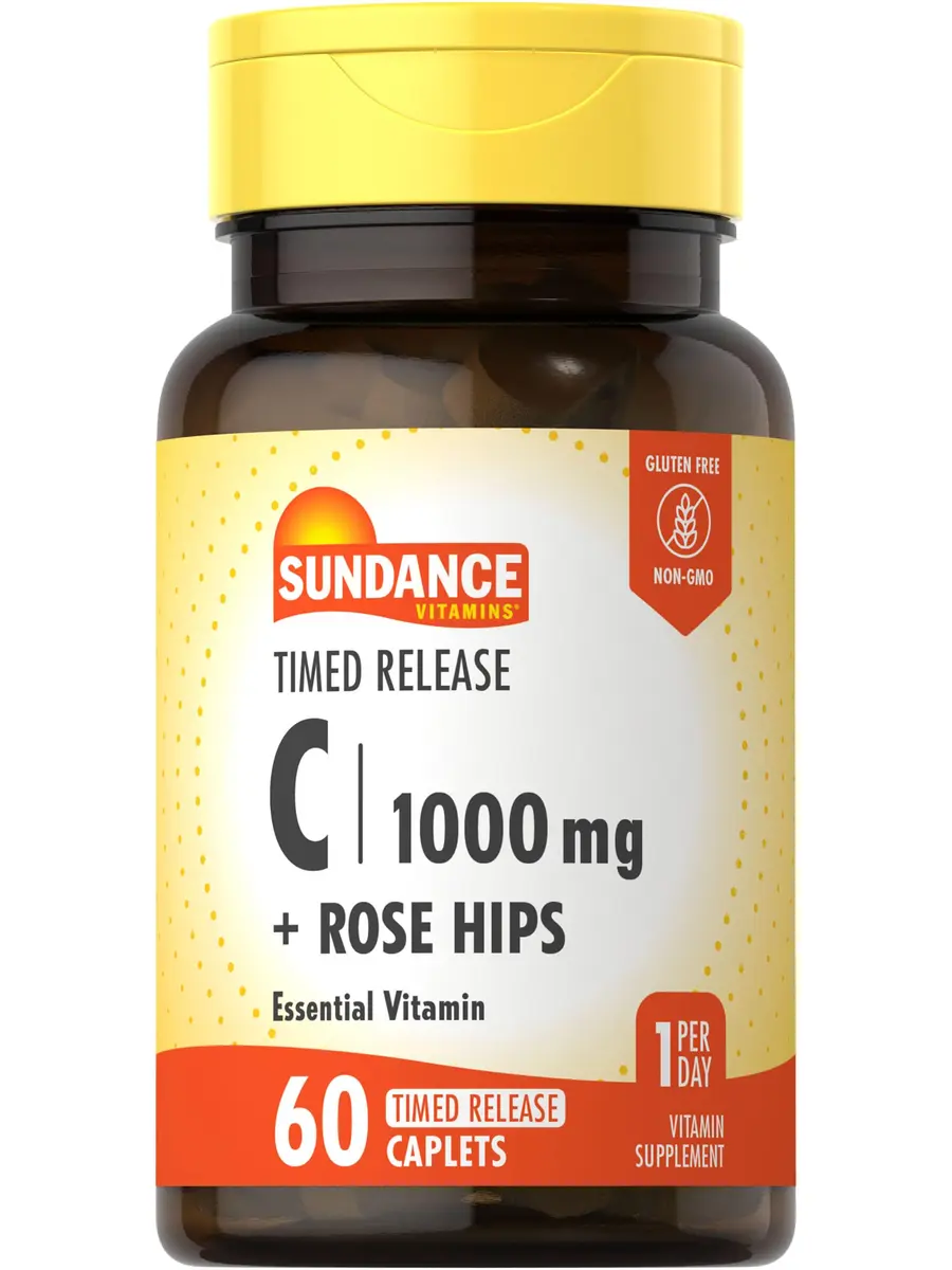 Sundance Vitamin C 1000mg with Rose Hips | 60 Coated Caplets | Timed Release, Vegetarian, Non-GMO - main product image