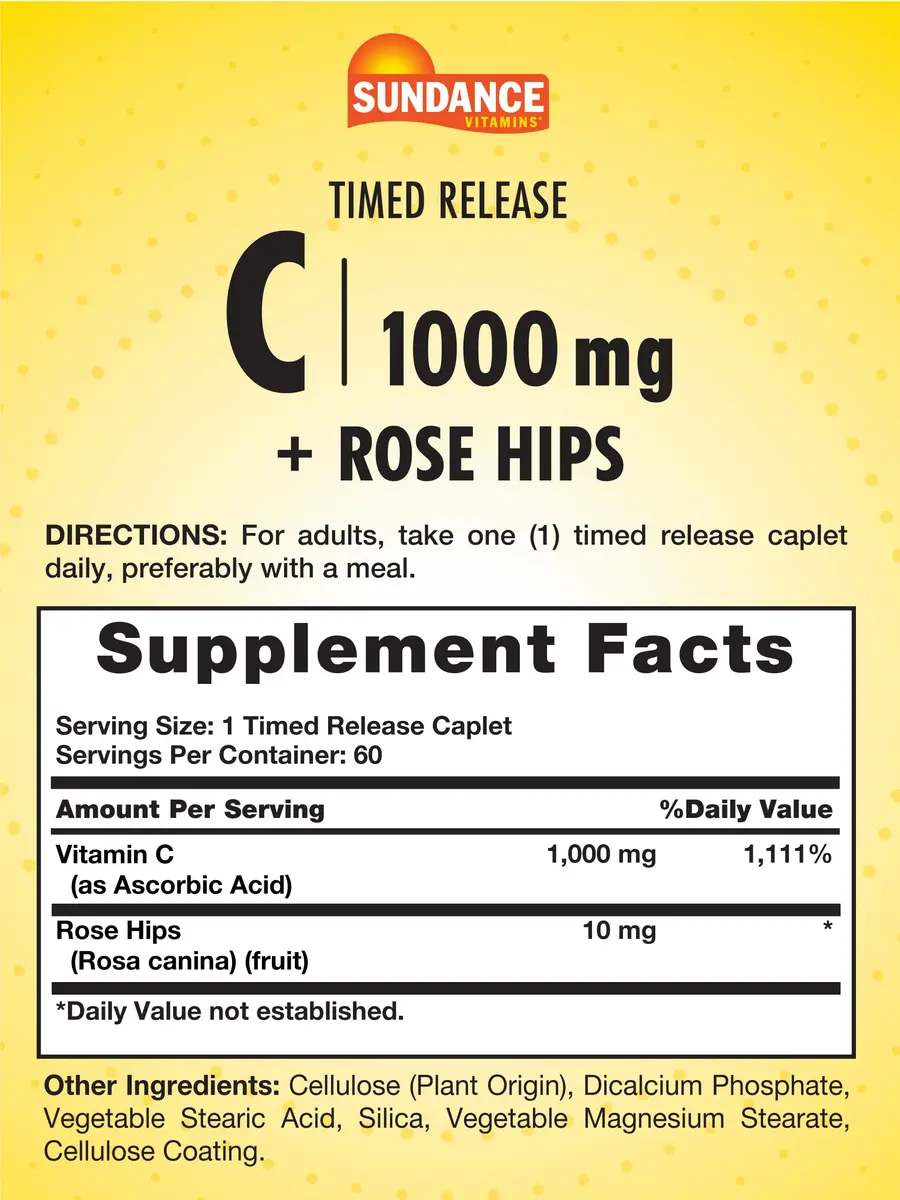 Sundance Vitamin C 1000mg with Rose Hips | 60 Coated Caplets | Timed Release, Vegetarian, Non-GMO - view 2