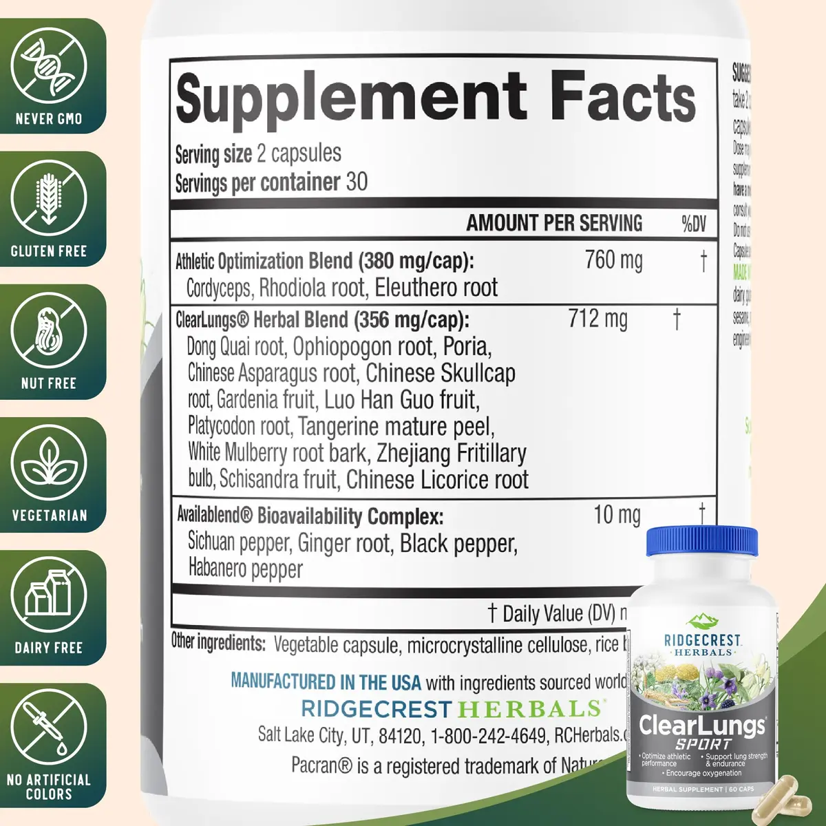 RidgeCrest Herbals ClearLungs Sport Oxygen and Lung Support 60 Ct | Respiratory & Athletic Performance Support - view 3