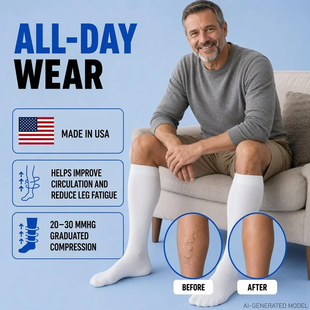 ABSOLUTE SUPPORT Men Opaque Compression Socks 20-30mmHg | Made in USA, Support Varicose Veins & Swelling, X-Large - view 4