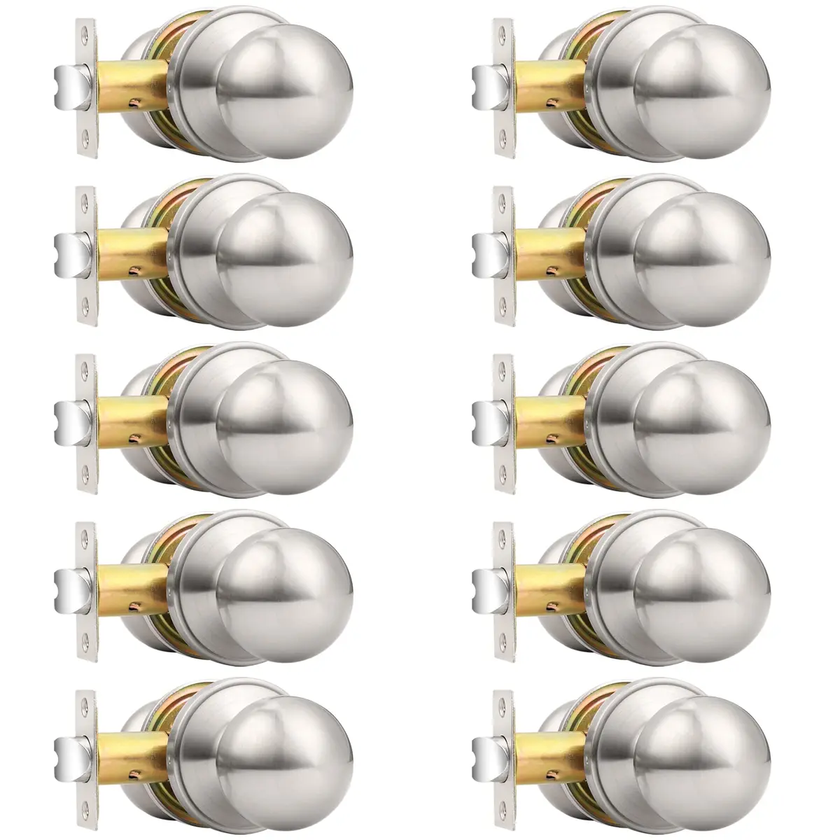 Probrico Round Brushed Nickel Passage Door Knobs Interior Door Handles for Hallway Closet, Keyless Passage Door Lock, 10 Pack | ANSI Grade 3 Security - main product image