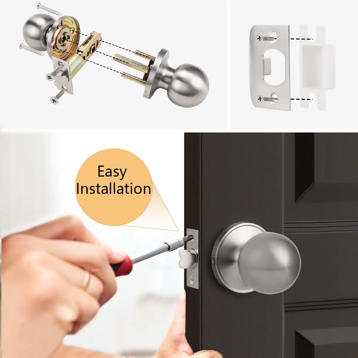 Probrico Round Brushed Nickel Passage Door Knobs Interior Door Handles for Hallway Closet, Keyless Passage Door Lock, 10 Pack | ANSI Grade 3 Security - view 7