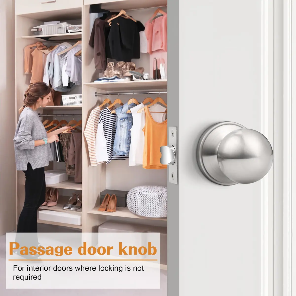 Probrico Round Brushed Nickel Passage Door Knobs Interior Door Handles for Hallway Closet, Keyless Passage Door Lock, 10 Pack | ANSI Grade 3 Security - view 2