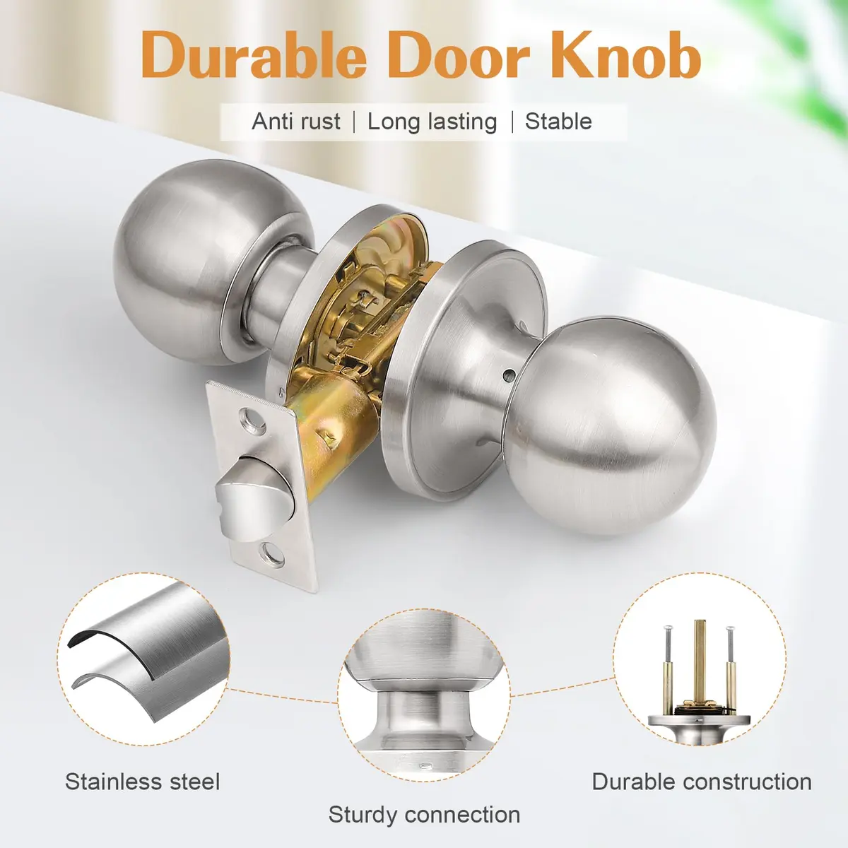 Probrico Round Brushed Nickel Passage Door Knobs Interior Door Handles for Hallway Closet, Keyless Passage Door Lock, 10 Pack | ANSI Grade 3 Security - view 4