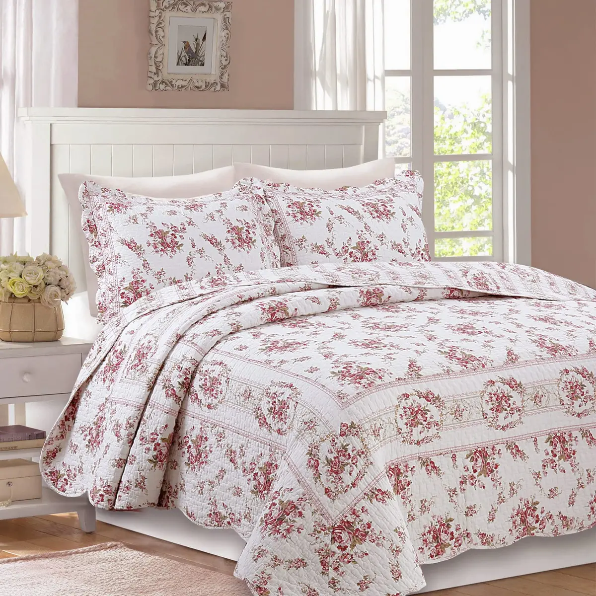Cozy Line Home Fashions Vintage Rose Pink Floral Reversible Cotton Quilt Bedding Set - Twin (68x86 in) - main product image
