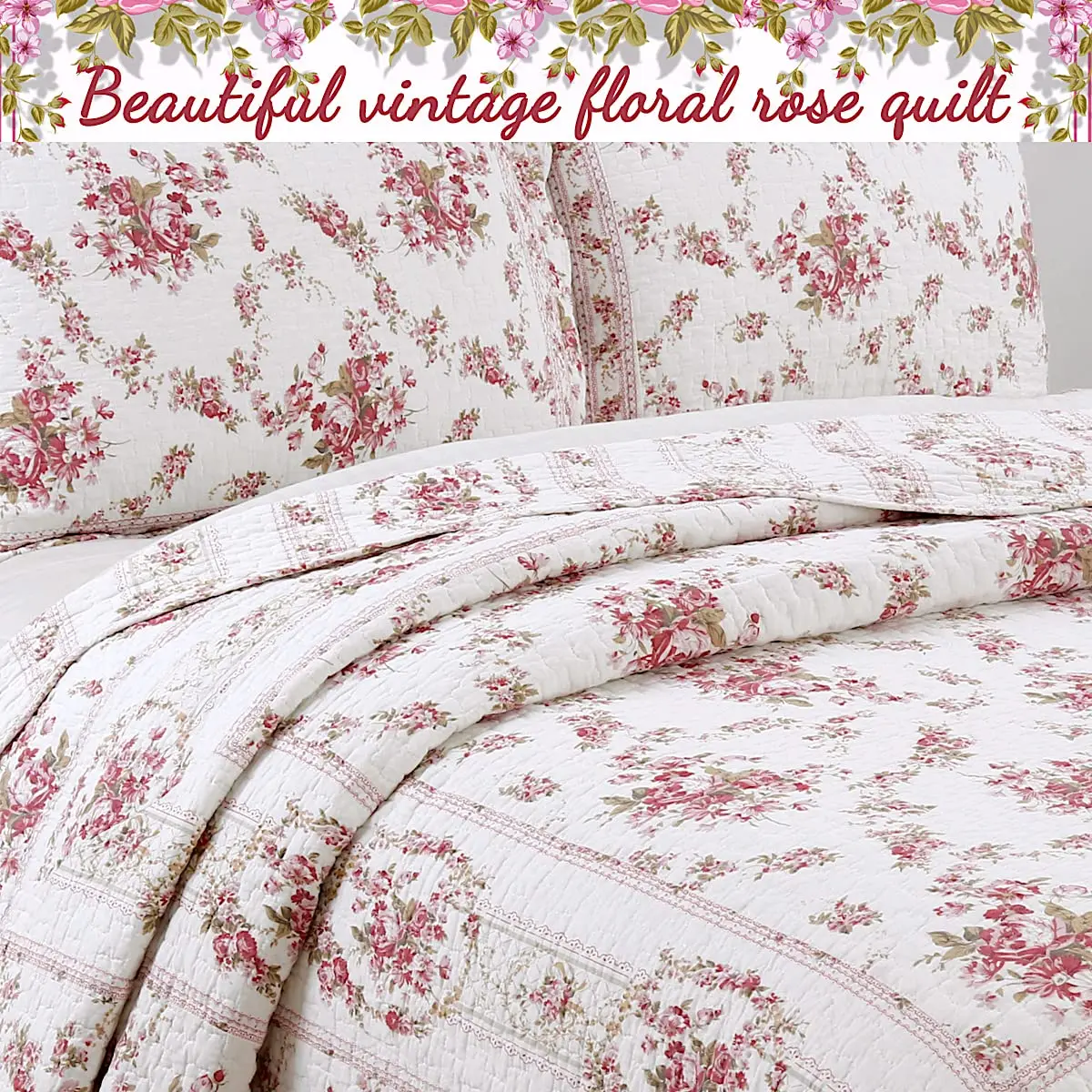Cozy Line Home Fashions Vintage Rose Pink Floral Reversible Cotton Quilt Bedding Set - Twin (68x86 in) - view 5