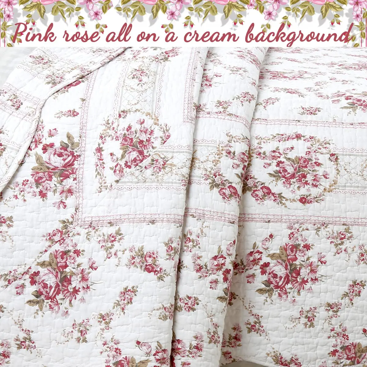 Cozy Line Home Fashions Vintage Rose Pink Floral Reversible Cotton Quilt Bedding Set - Twin (68x86 in) - view 6