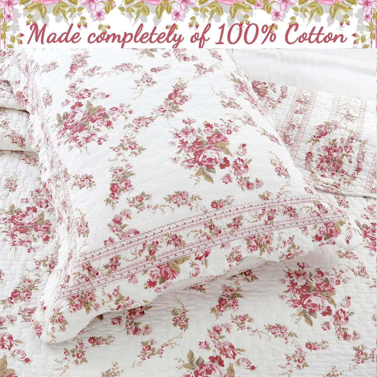 Cozy Line Home Fashions Vintage Rose Pink Floral Reversible Cotton Quilt Bedding Set - Twin (68x86 in) - view 2