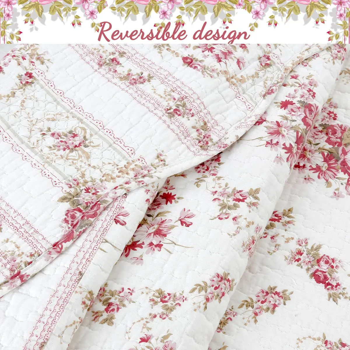 Cozy Line Home Fashions Vintage Rose Pink Floral Reversible Cotton Quilt Bedding Set - Twin (68x86 in) - view 3