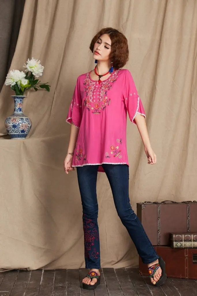 Ashir Aley Girls Embroidered Peasant Top Medium | Bohemian Floral Cotton Blouse - view 2