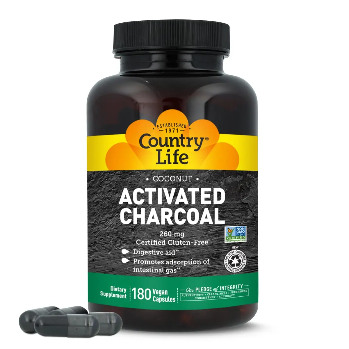 Country Life Coconut Activated Charcoal 260 mg | Vegan Capsules for Digestive Support - main product image