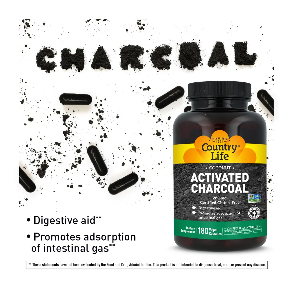 Country Life Coconut Activated Charcoal 260 mg | Vegan Capsules for Digestive Support - view 2