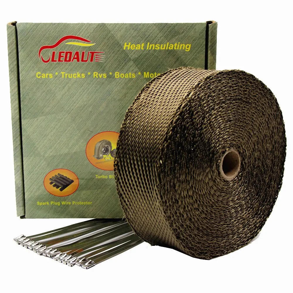 LEDAUT 2"x 50' Twill Weave Motorcycle ATV Titanium Exhaust Heat Shield Wrap with 11.8" Locking Ties (Pack of 15) | 1800°F Heat Resistance, 50% Heat Reduction - main product image