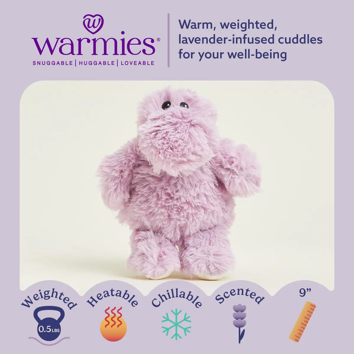 warmies Junior Microwavable Weighted Hippo Stuffed Animal, Cool Touch, 9" | Summer Comfort & Relaxation - view 2