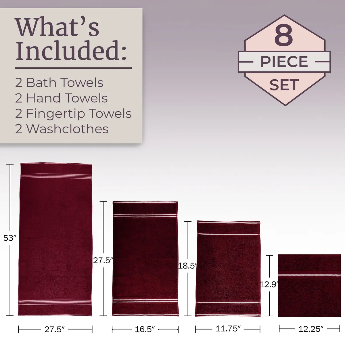Lavish Home Bathroom Towels Set, 8-Piece, Burgundy | Spa-Quality Cotton, Quick-Dry, Soft - view 4