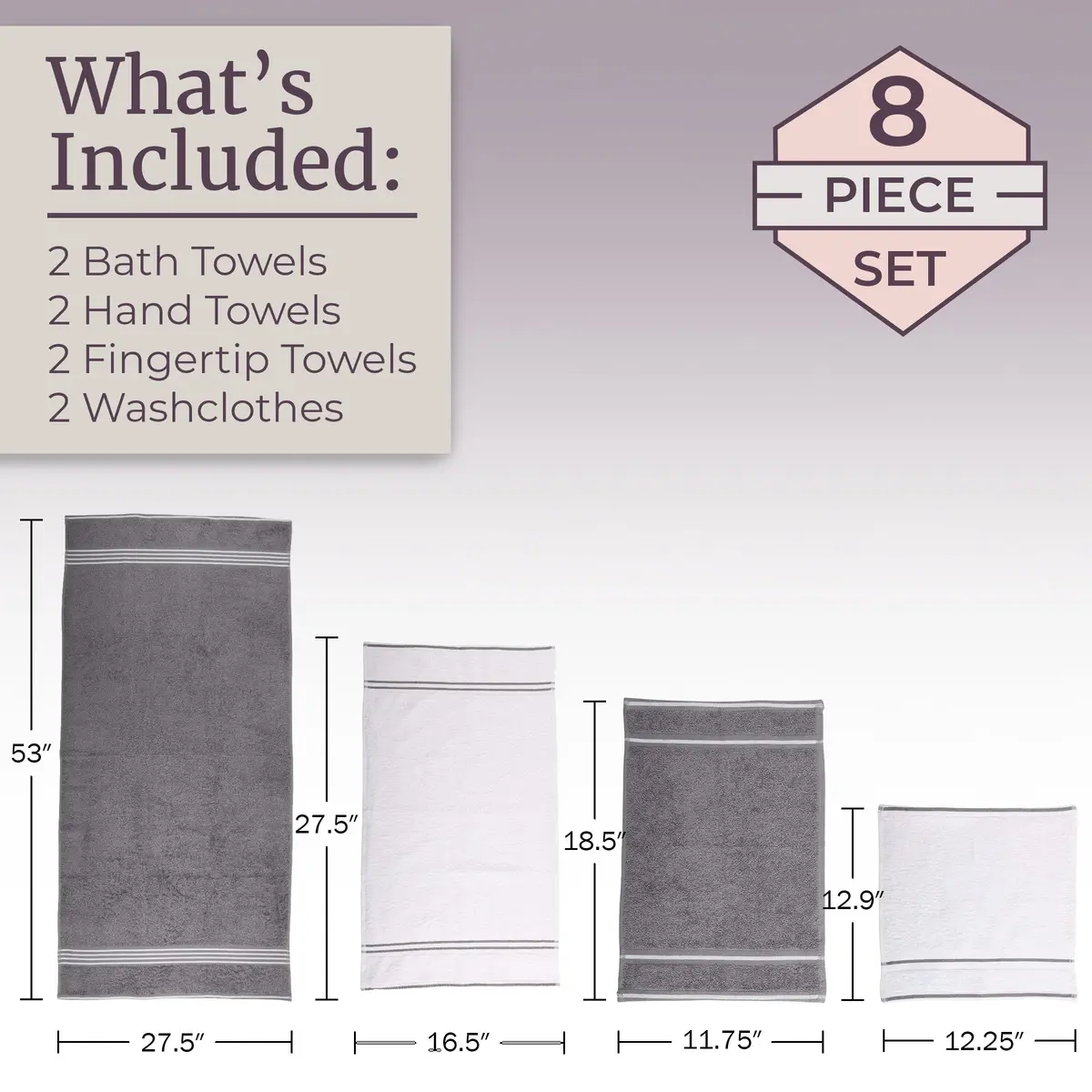 Lavish Home Rio 8 Piece 100% Cotton Towel Set - White & Silver | Soft & Absorbent 575 GSM - view 4