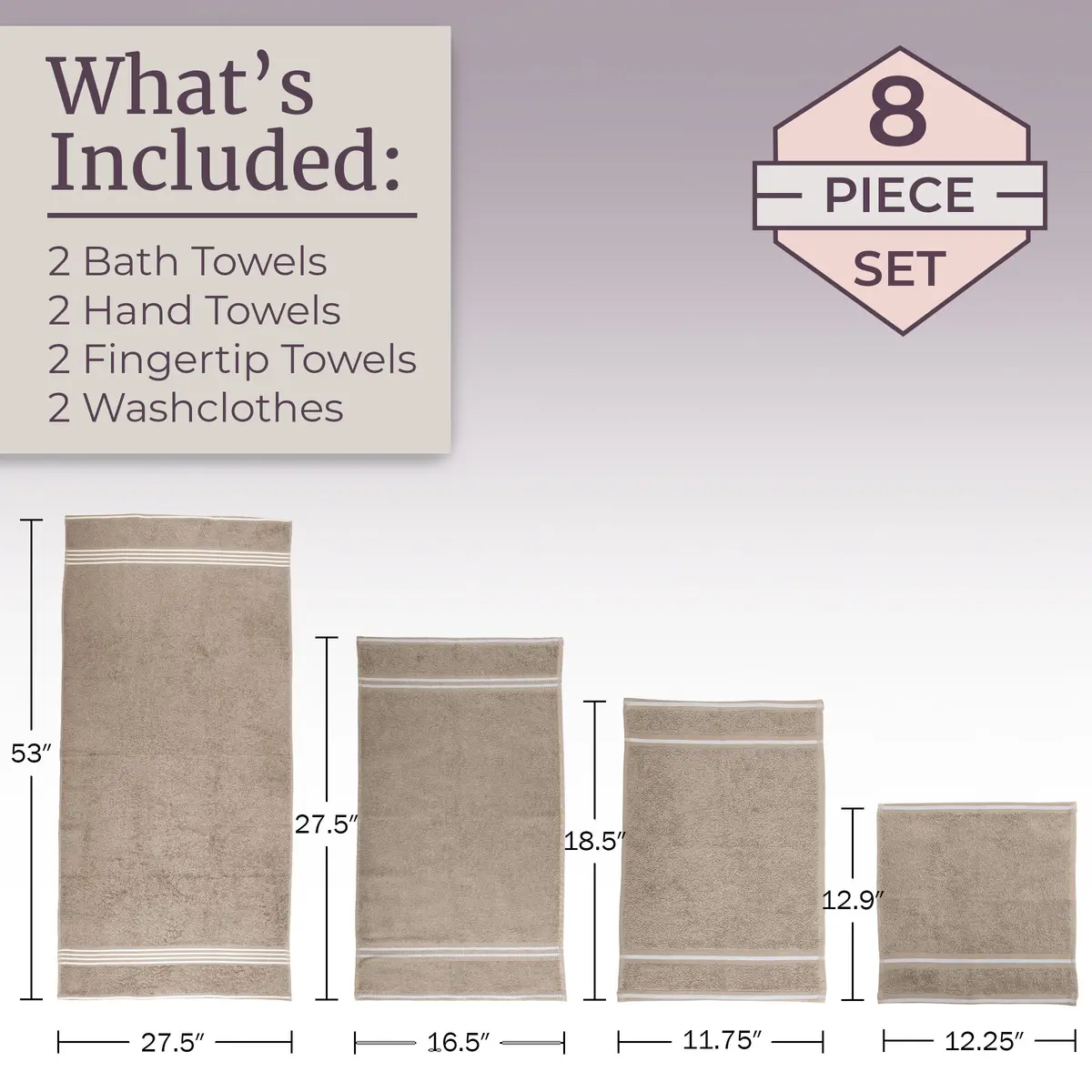Lavish Home Bathroom Towels Set, 8-Piece, Taupe | Plush 575 GSM Cotton for Spa & Home Use - view 4