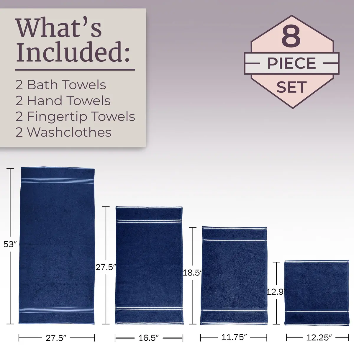 Lavish Home Bathroom Towels Set, 8-Piece Navy | Plush 575 GSM Cotton for Spa & Daily Use - view 4