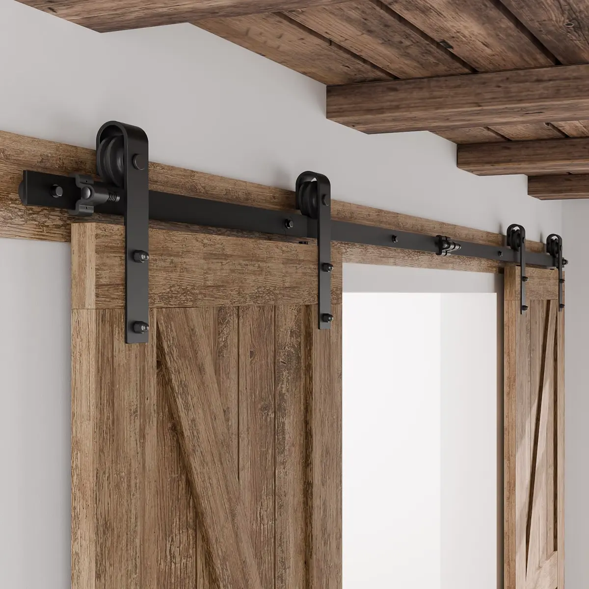 CCJH 13FT Sliding Barn Door Hardware Kit for Double Doors, Black | Heavy Duty Steel Track System - main product image