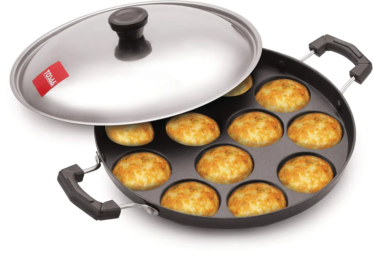 TOSAA Appam Patra with Lid, 12 Cavity, 23 cm (9 inch) Black | Non-Stick German Coating - main product image