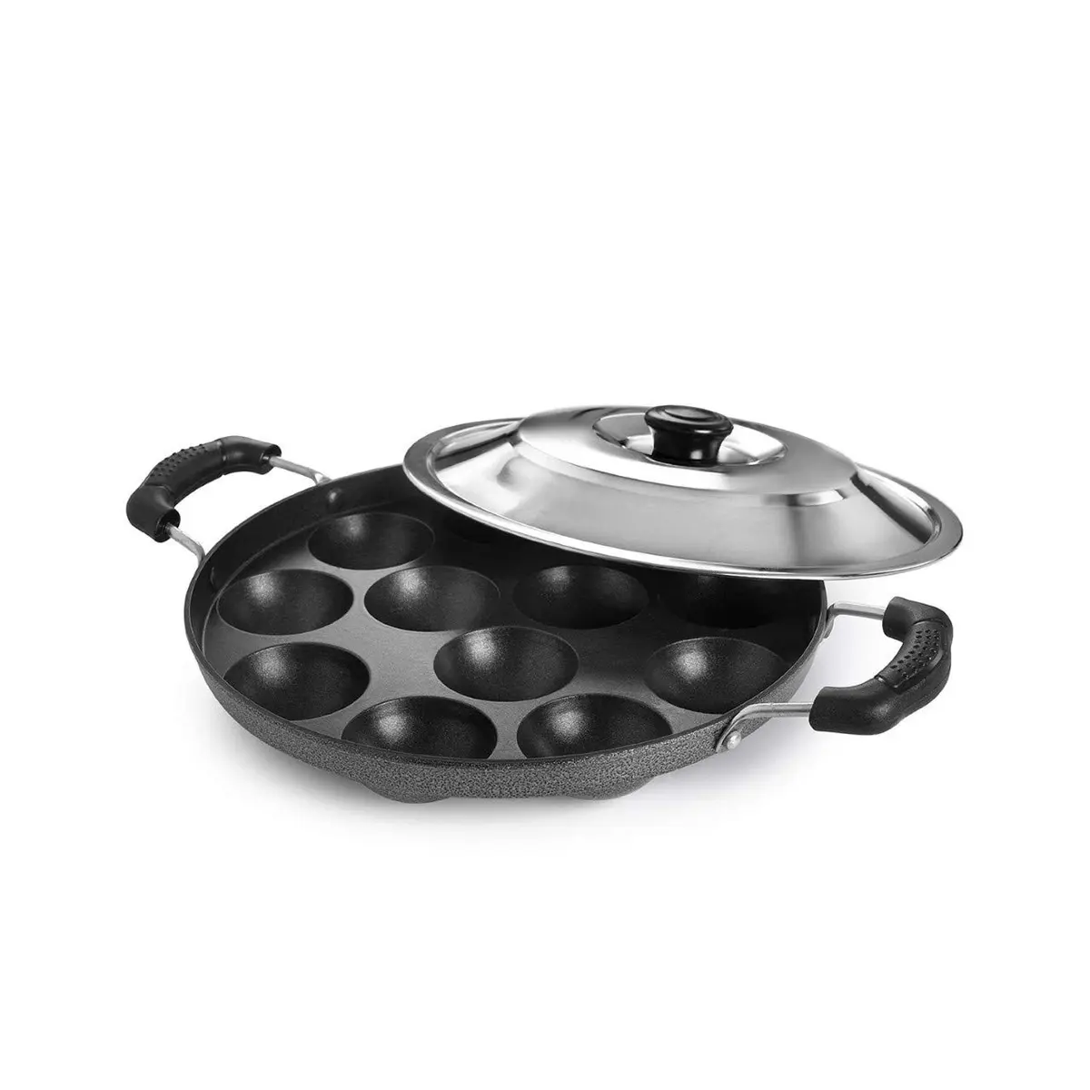 TOSAA Appam Patra with Lid, 12 Cavity, 23 cm (9 inch) Black | Non-Stick German Coating - view 4