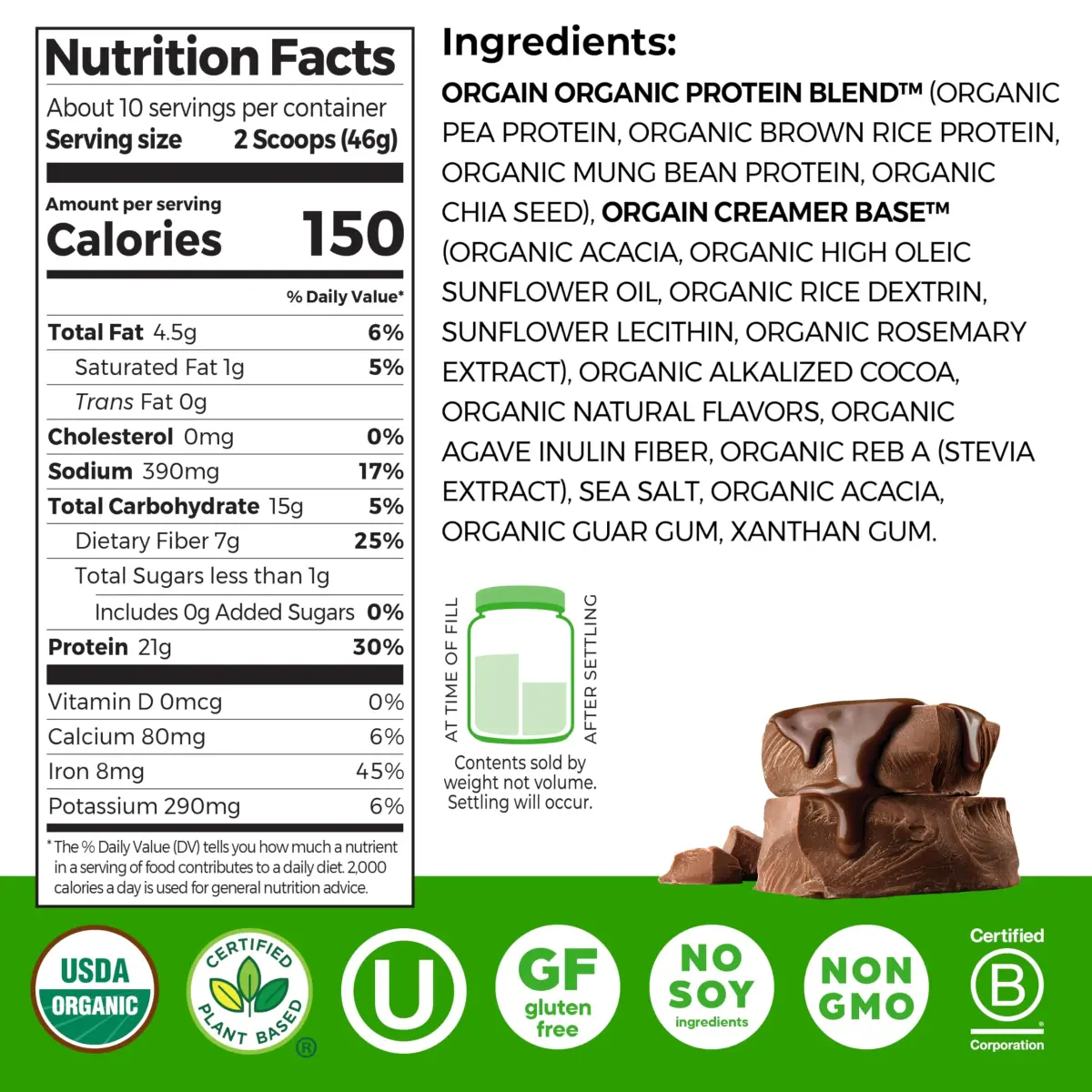 Orgain Organic Vegan Protein Powder Creamy Chocolate Fudge 1.02 lb (463 g) | 21g Protein Per Serving - view 2