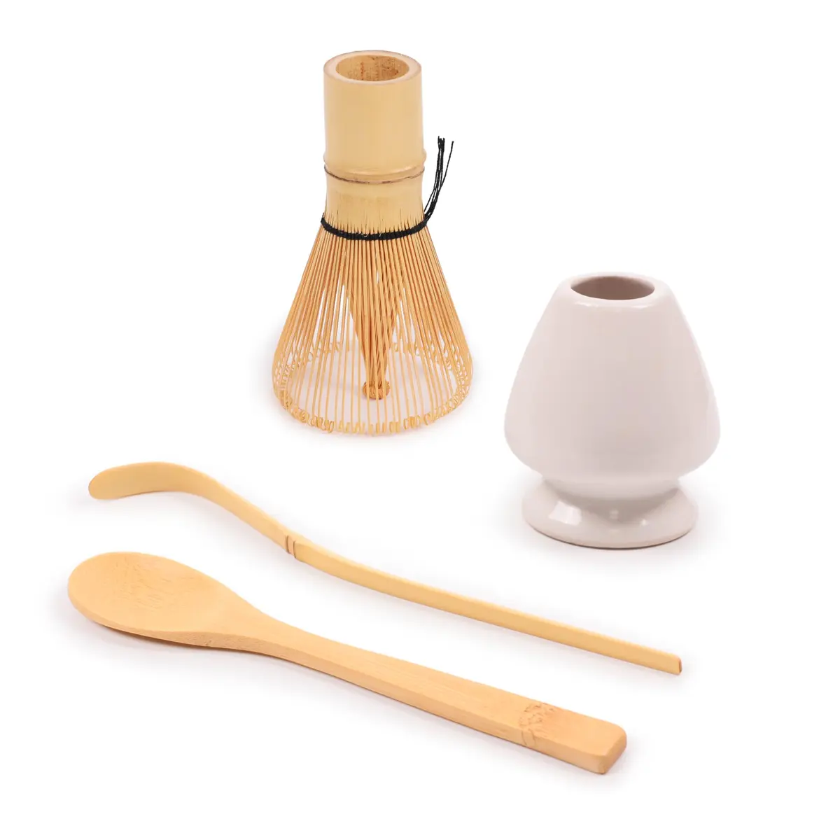 BambooMN Matcha Green Tea Whisk & Scoop 4 Piece Set - White Holder | Traditional Japanese Tea Utensils - main product image